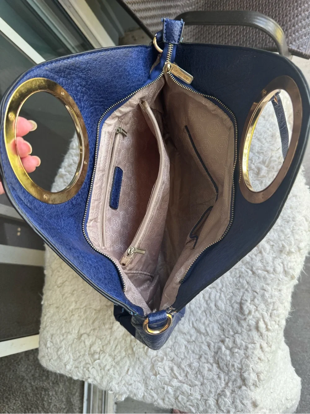 Michael Kors Blue Leather Shoulder Bag with Gold Ring Handles